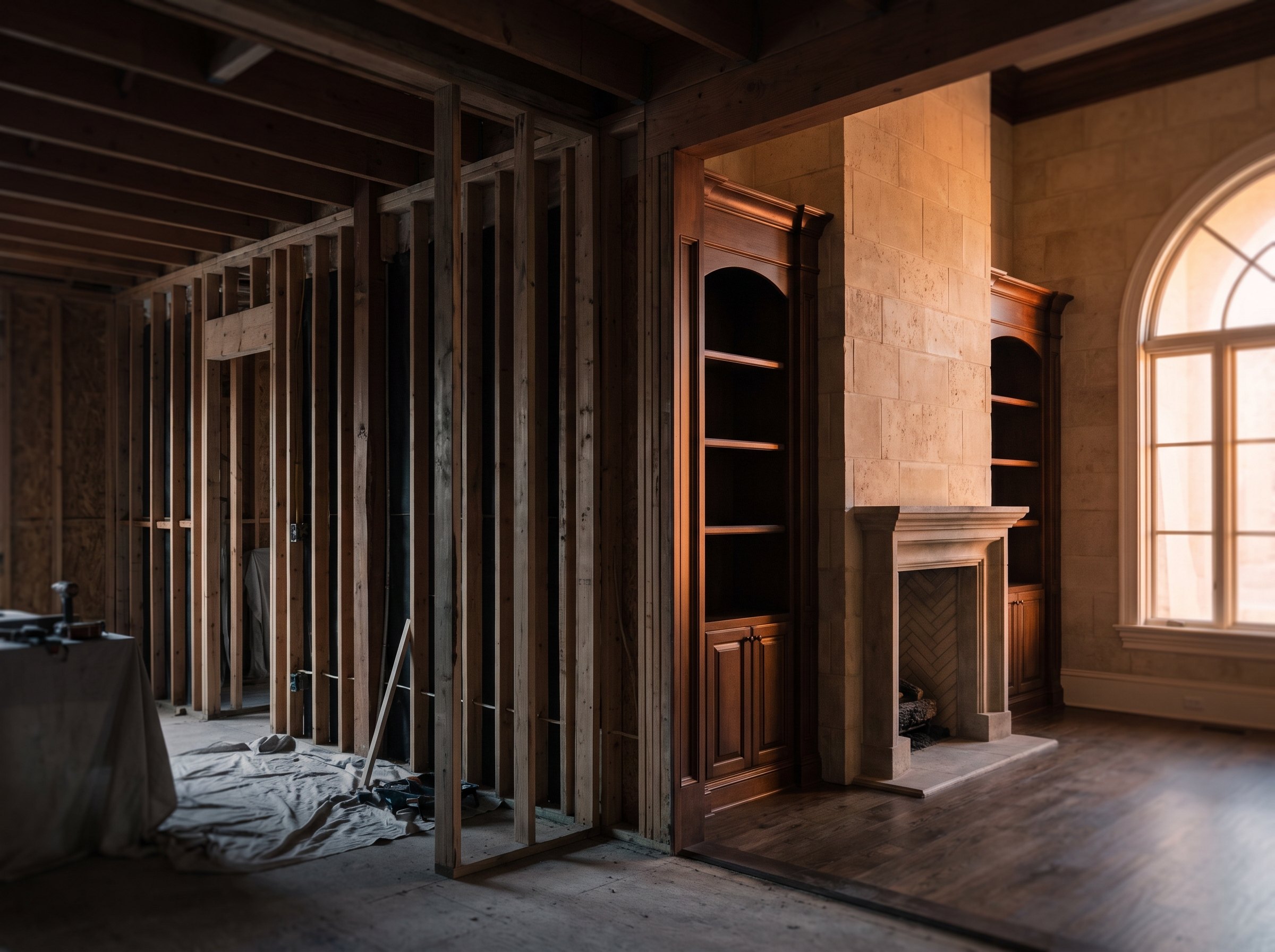 A home mid-renovation, framing on one side and finished space on the other